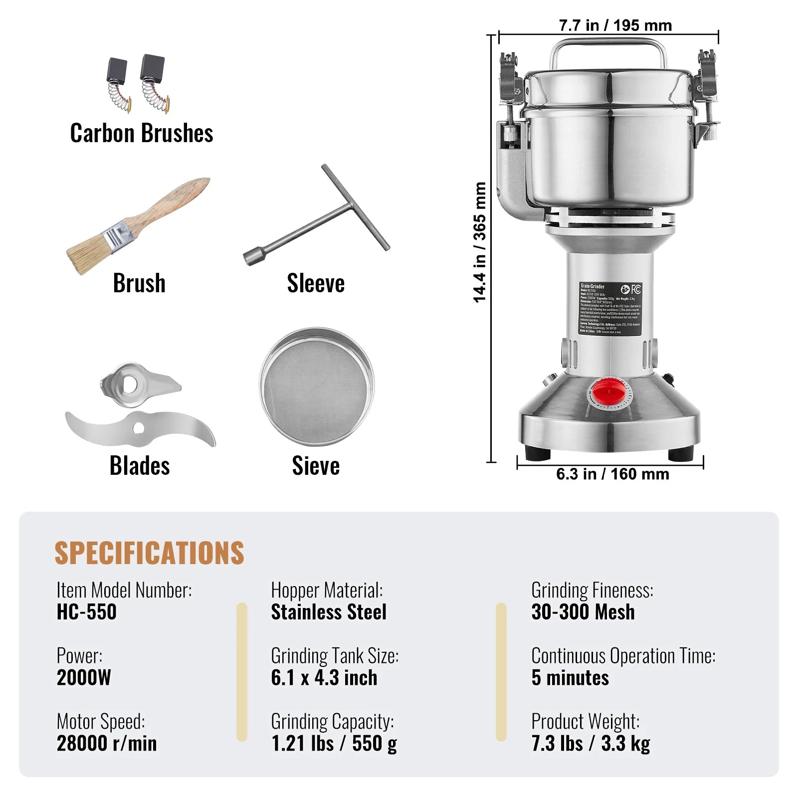 SucceBuy Commercial Grain Mill Grinder — 150-2500g Electric Swing Spice Grinder