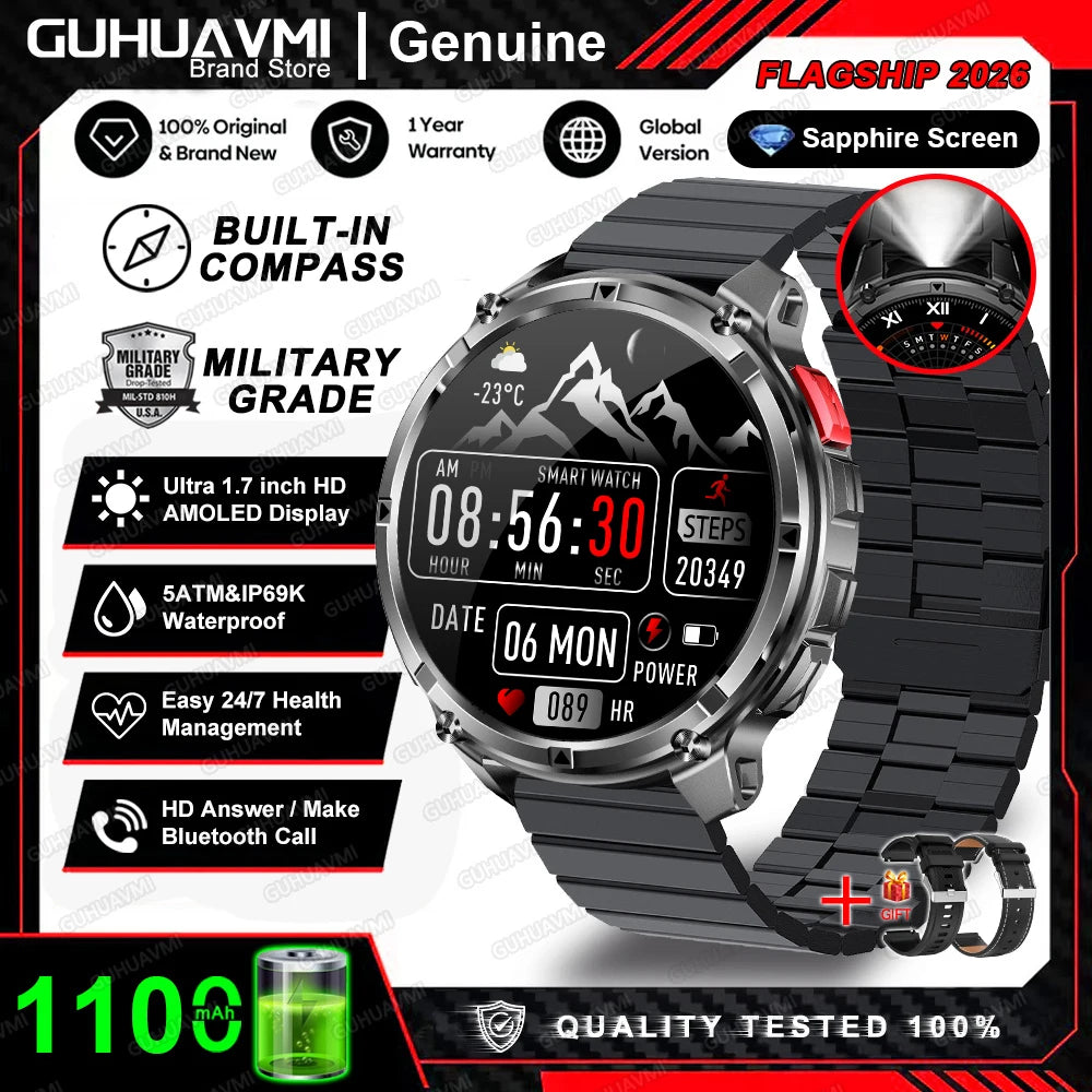 2026 T-Rex3 Pro Military Smartwatch — 1100mAh, GPS, 5ATM Waterproof & Compass