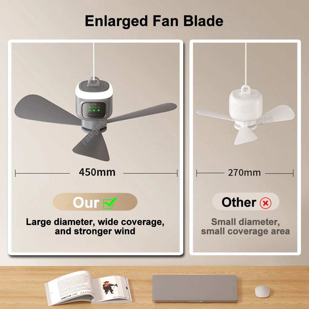 12000mAh Portable Camping Ceiling Fan — Remote Control, LED Light, USB Rechargeable