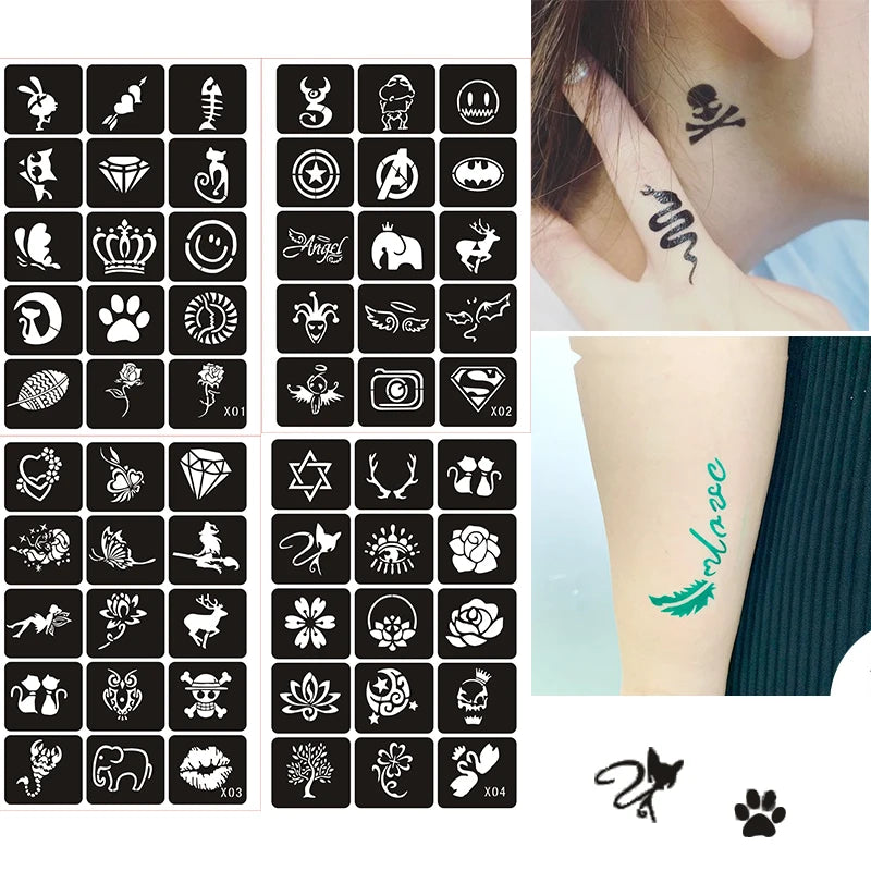 133pcs Airbrush Glitter Tattoo Stencil Set — Butterfly, Flower & Henna