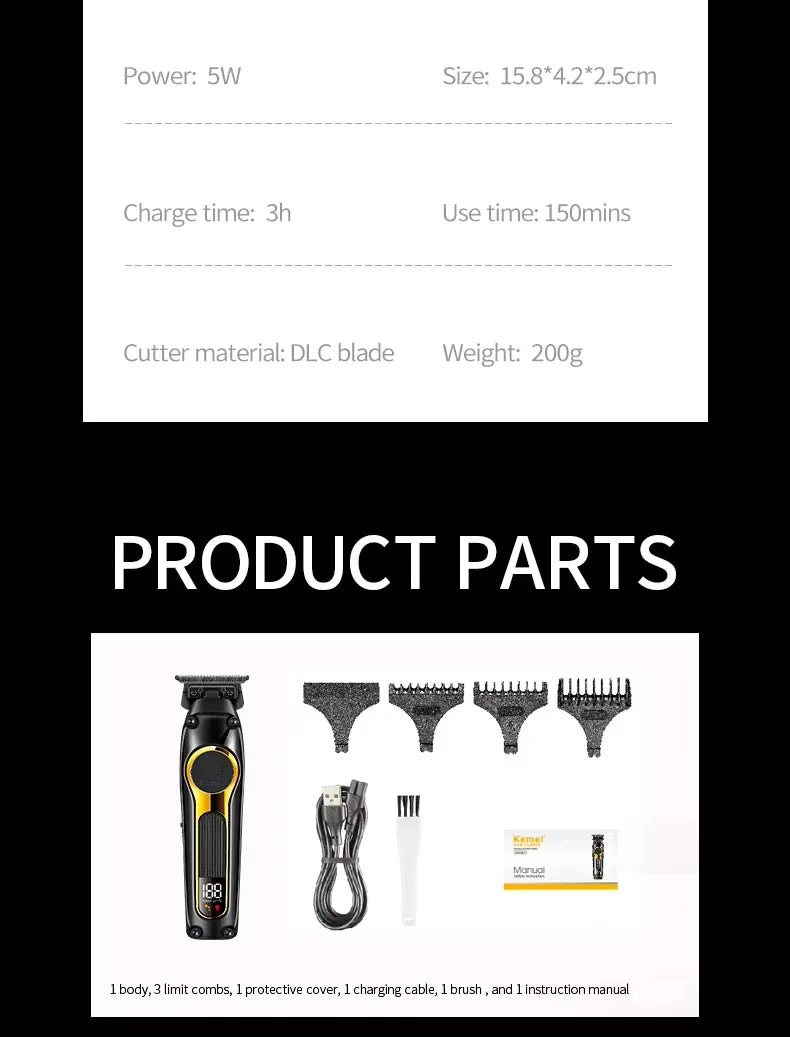 Kemei Professional Hair Clipper Kit — DLC Blade Rechargeable Cordless Barber Trimmer