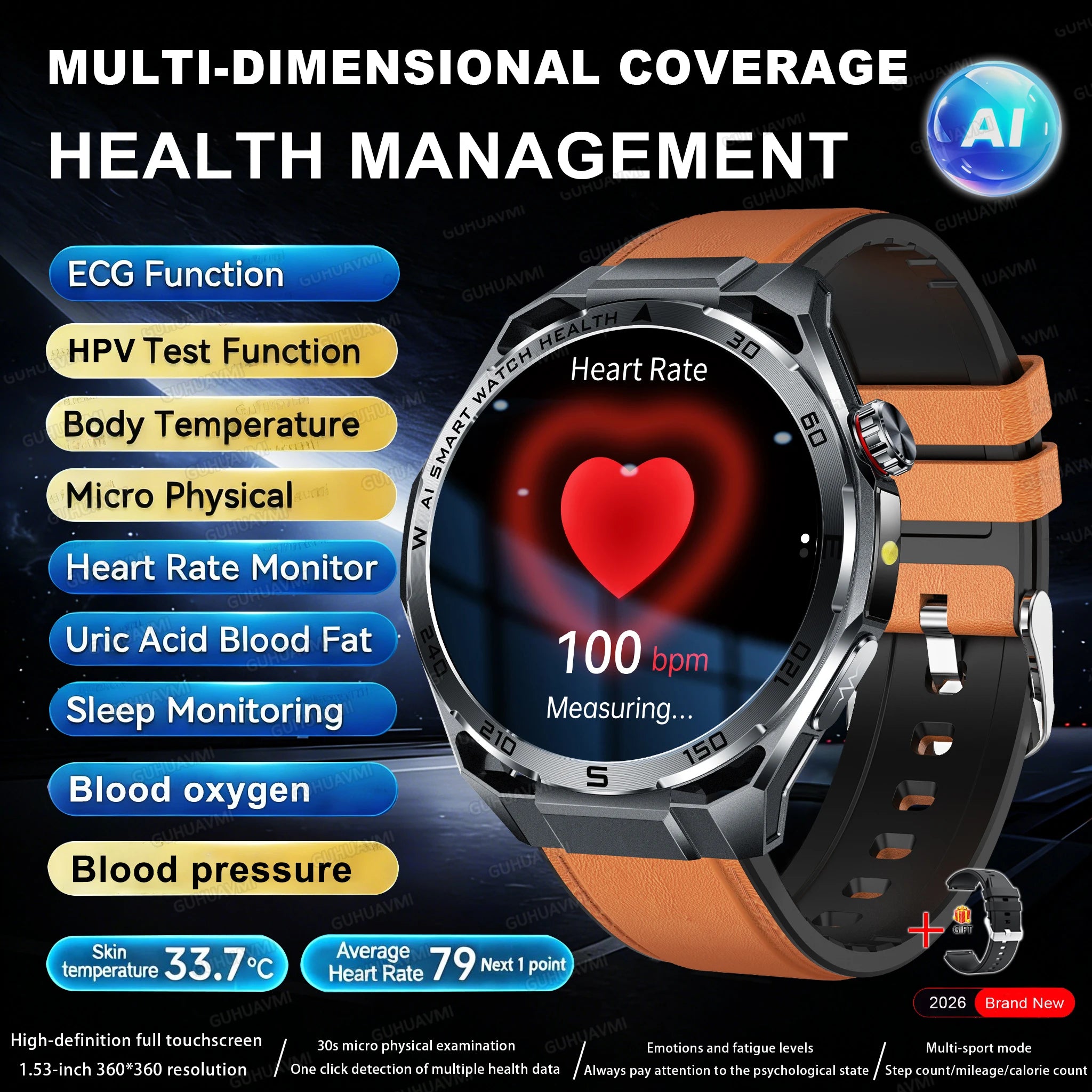 2026 ECG+PPG Health Smartwatch — Body Fat, Uric Acid & Bluetooth Call for Men & Women