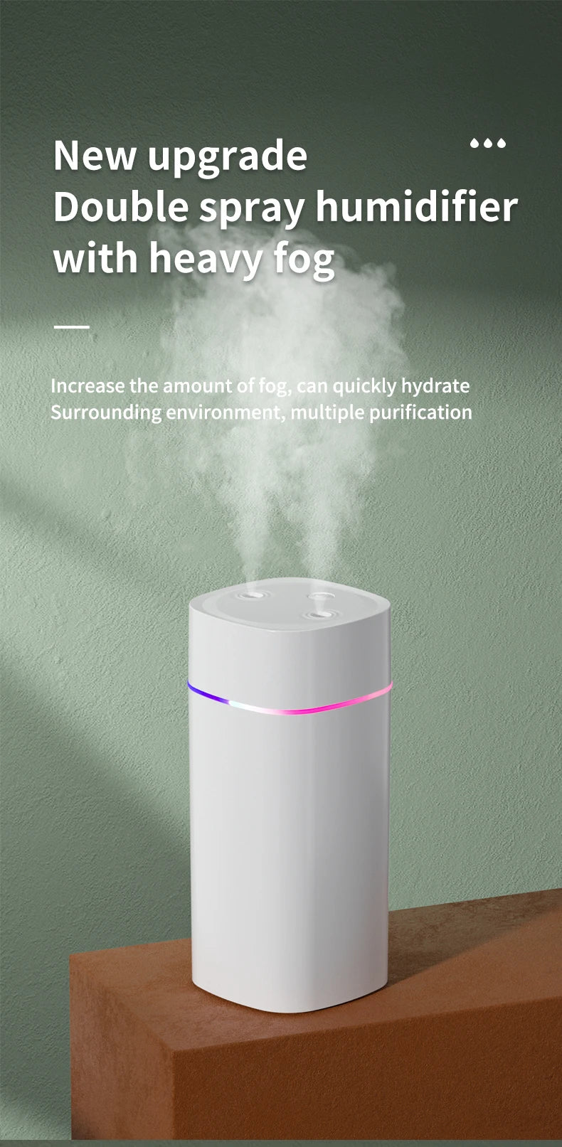 USB Air Humidifier 600ml — Double Spray, Essential Oil Aromatherapy for Home & Office