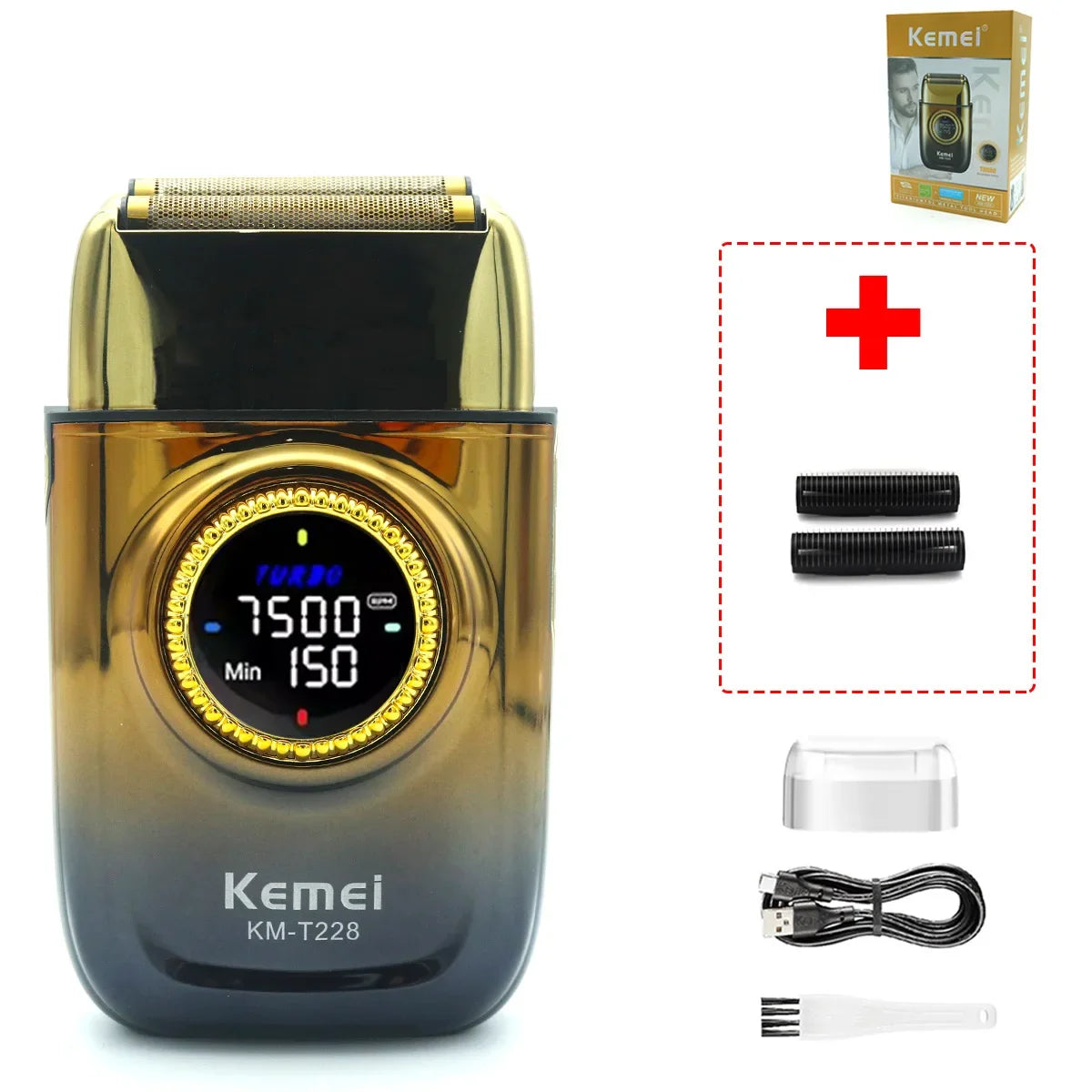Kemei KM-T228 Professional Reciprocating Foil Shaver — Turbo High Speed, LCD, USB Fast Charge