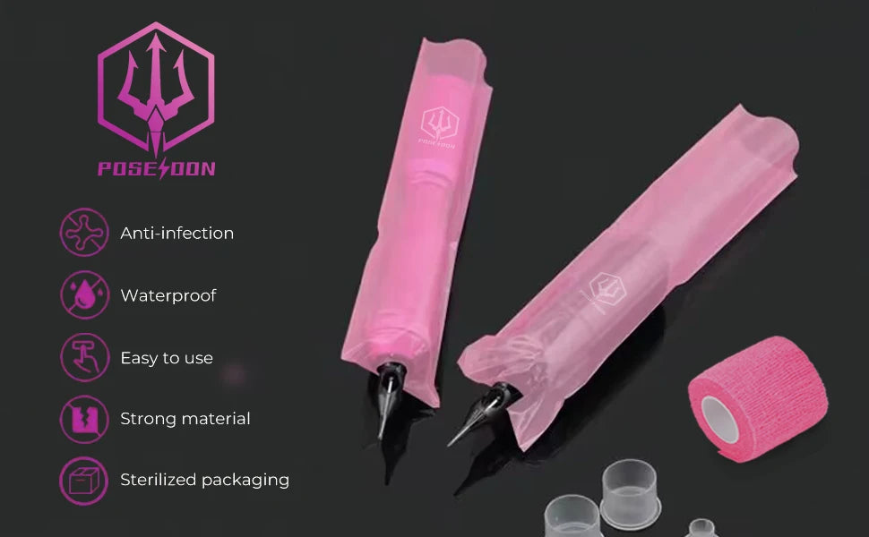 POSEIDON Tattoo Pencil Sleeve Bag — 200pcs Covers + 3pcs Pink Bandage Practice Set