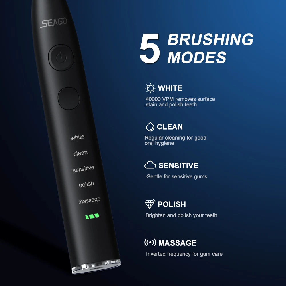Seago SG-575 Electric Toothbrush — USB Rechargeable, 360-Day Battery, IPX7 with 4 Heads