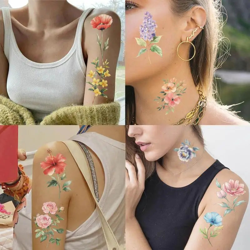 Colorful Flower Temporary Tattoo Stickers — 10pcs Sunflower Bouquet Set