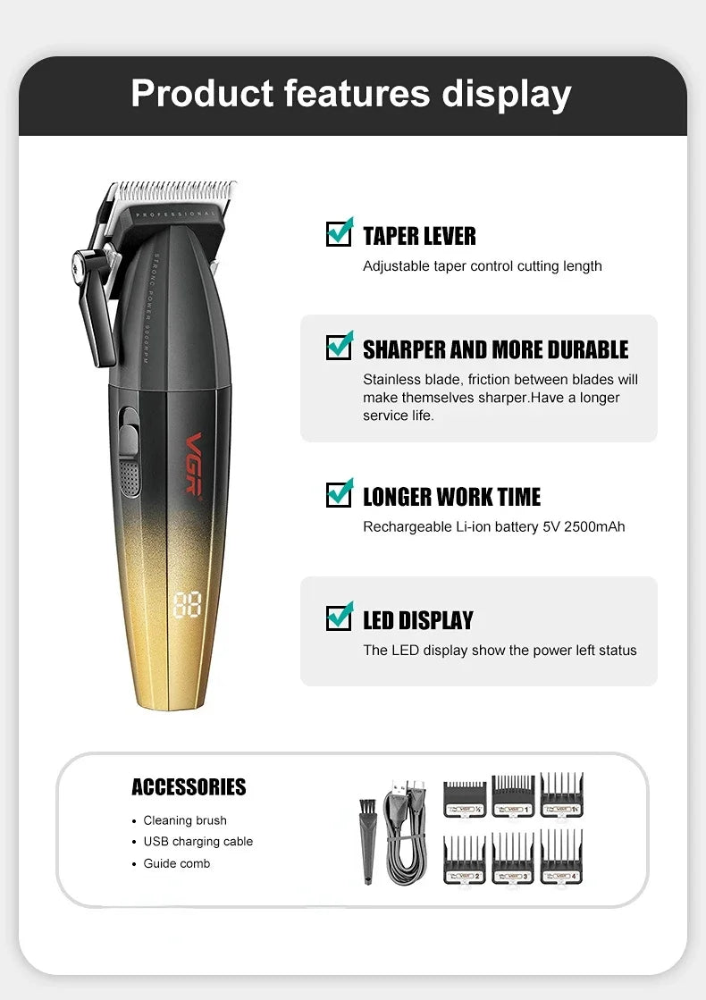 VGR Hair Trimmer Professional Clipper Barber Adjustable Hair Cut Machine 9000 RPM Clipper LED Display Hair Clippers Men V-003
