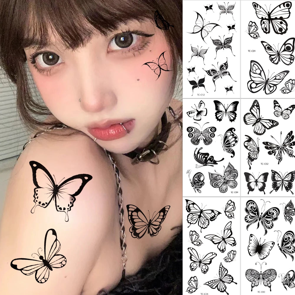 3D Black Butterfly Temporary Tattoo — 30pcs Waterproof Transfer Set for Women