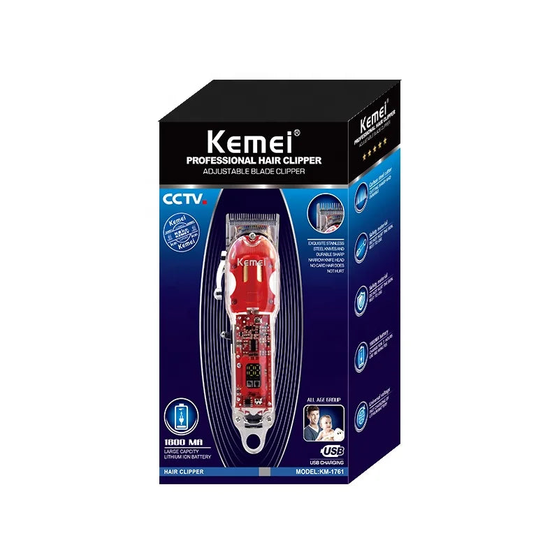 Kemei Rechargeable Hair Cutting Machine Barber Shop Fade Hair Clippers 10W Cordless Trimmer Transparent Cover Red Base KM-1761