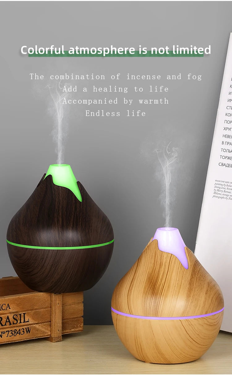 350ml Wood Grain Aromatherapy Diffuser — Remote Control, 7-Color LED Ultrasonic Humidifier