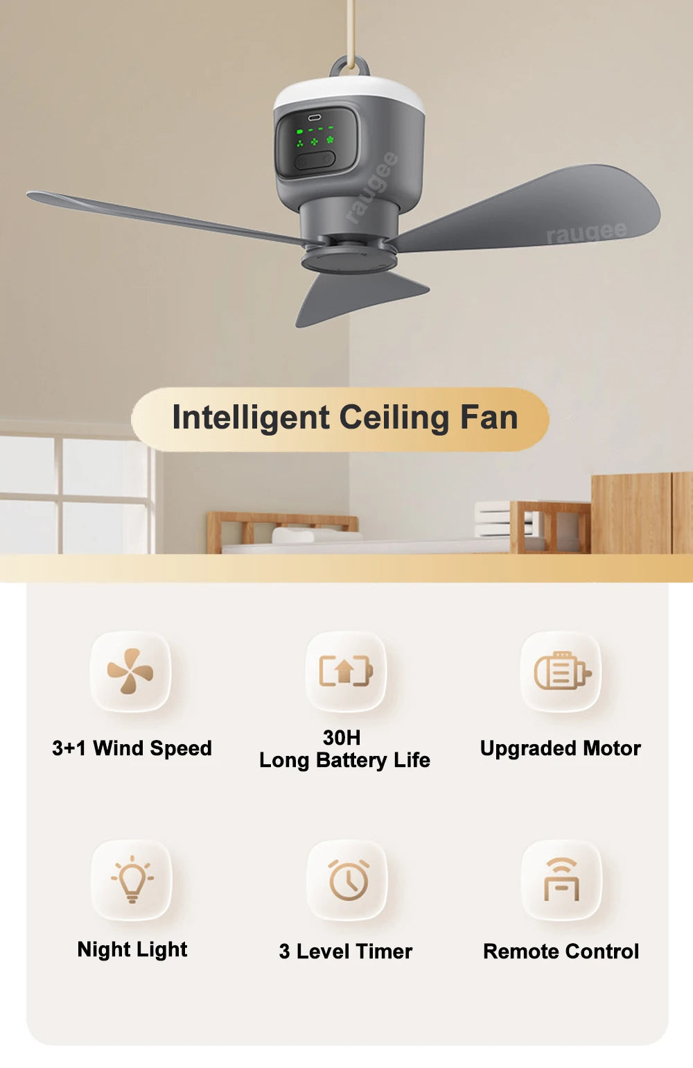 12000mAh Portable Camping Ceiling Fan — Remote Control, LED Light, USB Rechargeable