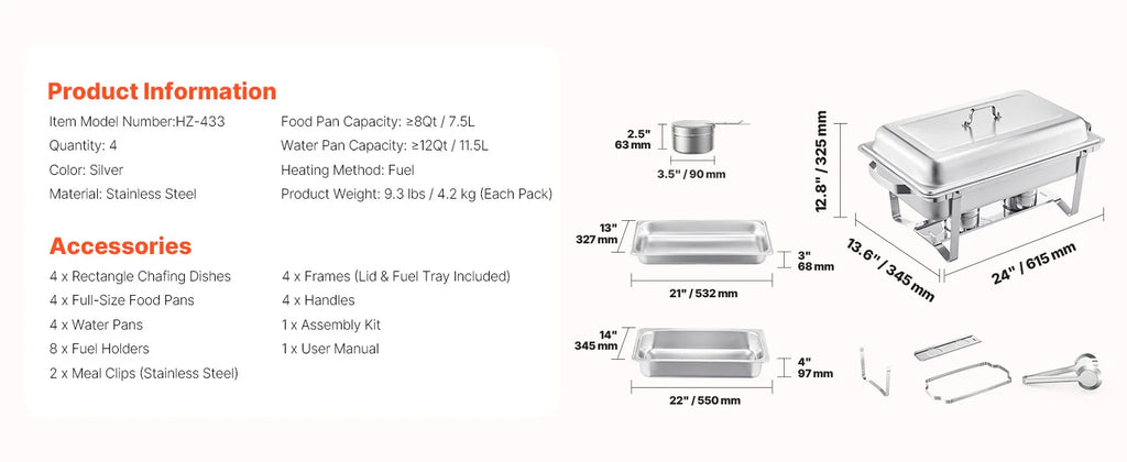 SucceBuy 8Qt Chafing Dish Buffet Set — 4-Pack Stainless Steel Catering Warmer Server