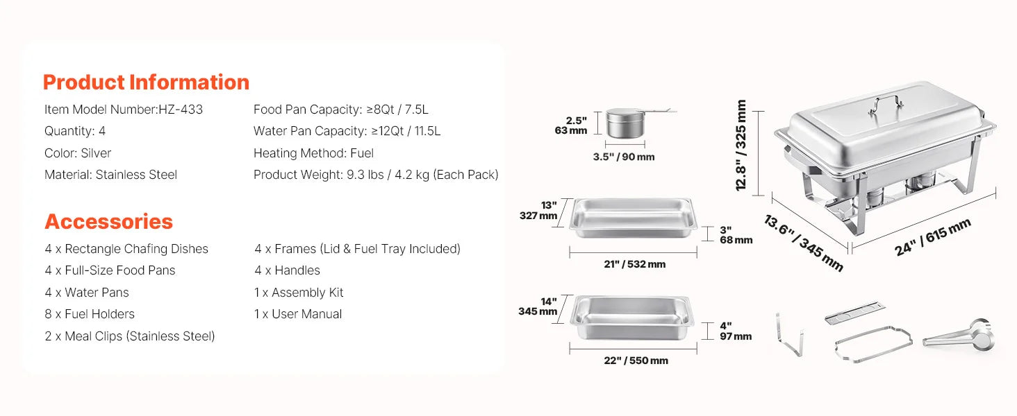SucceBuy 8Qt Chafing Dish Buffet Set — 4-Pack Stainless Steel Catering Warmer Server