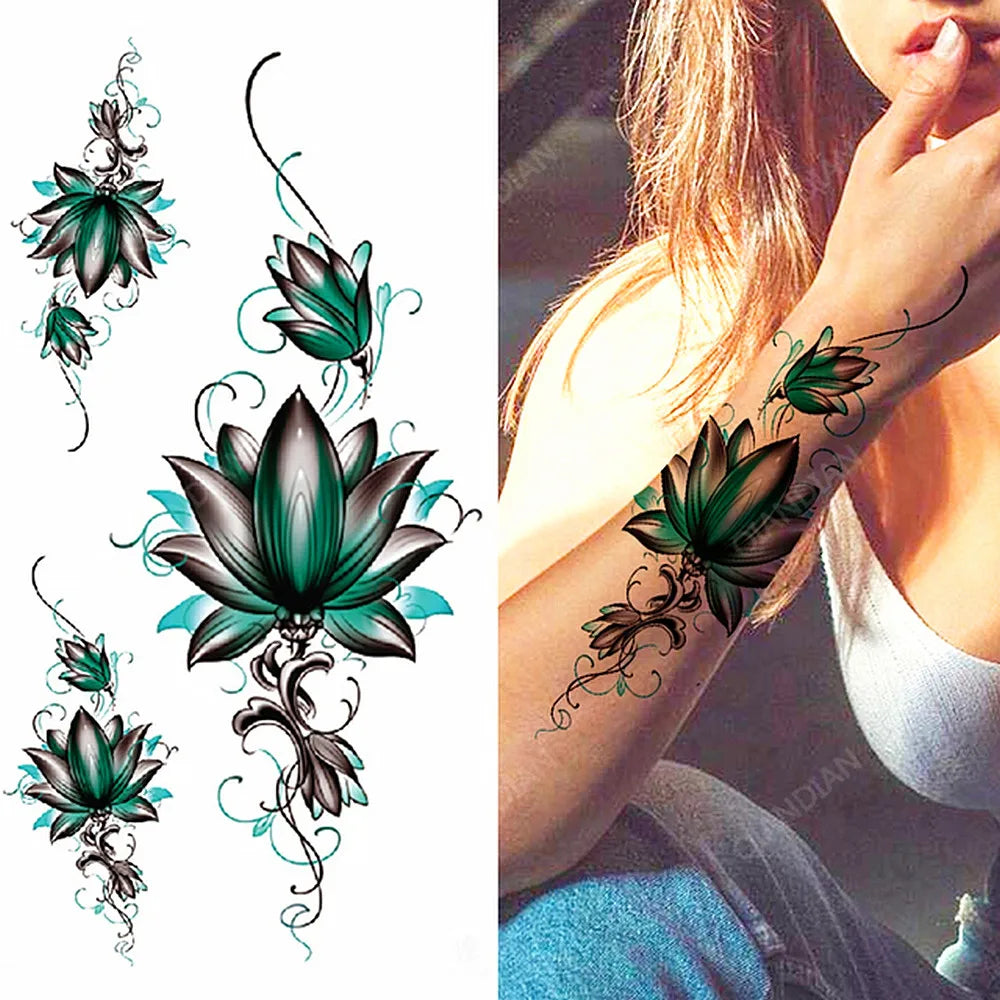 Floral Waterproof Temporary Tattoo — Rose, Lotus & Sunflower Body Art for Women