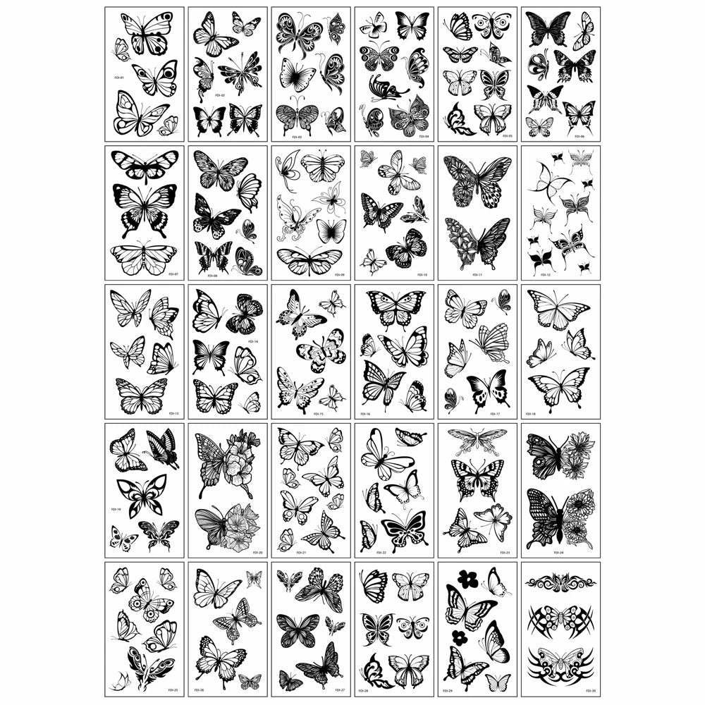 3D Black Butterfly Temporary Tattoo — 30pcs Waterproof Transfer Set for Women