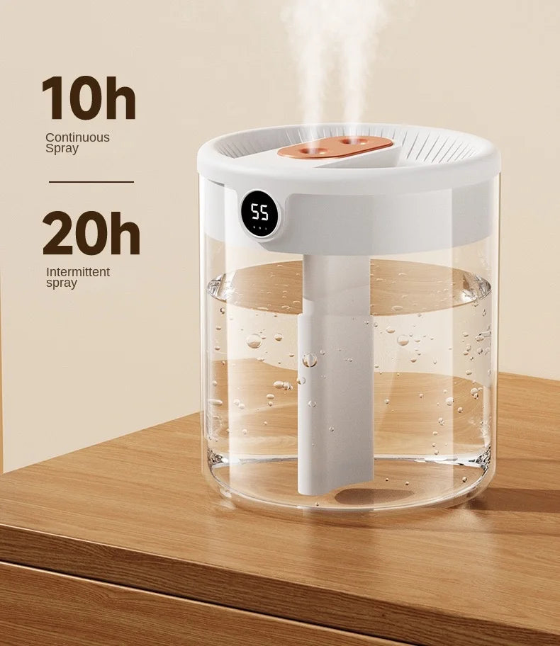 2L Double Spray Humidifier — Large Capacity Silent USB with Night Light & Digital Display