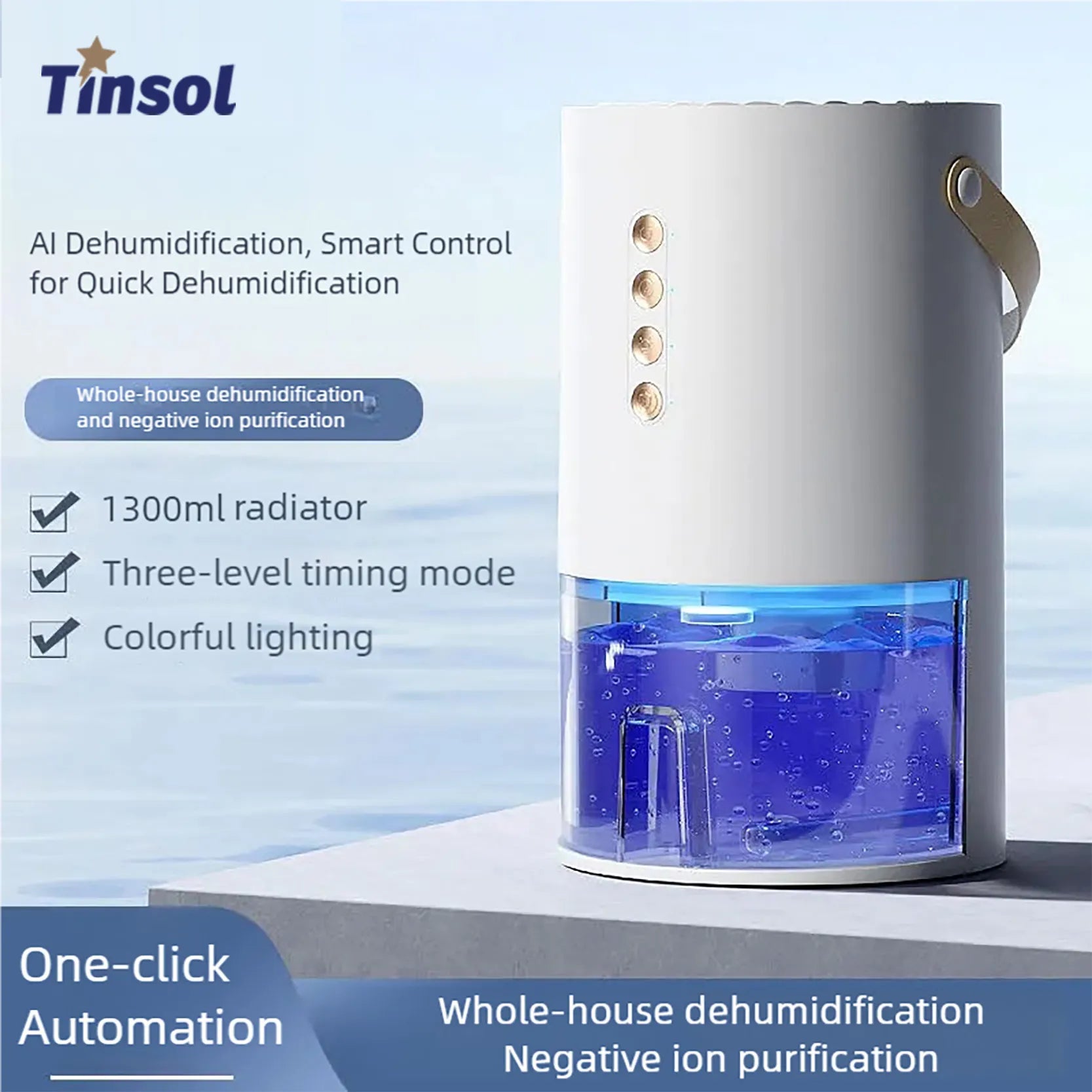 TINSOL 1300ml Portable Dehumidifier — Negative Ion, Anti-Mold for Home & Office
