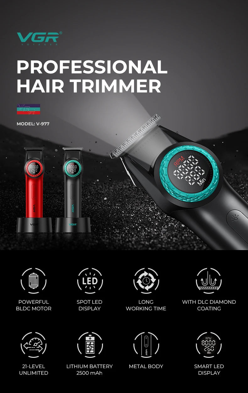 VGR Professional Hair Clipper — 12000RPM LED Digital Carving Electric Clipper V-001 & V-977