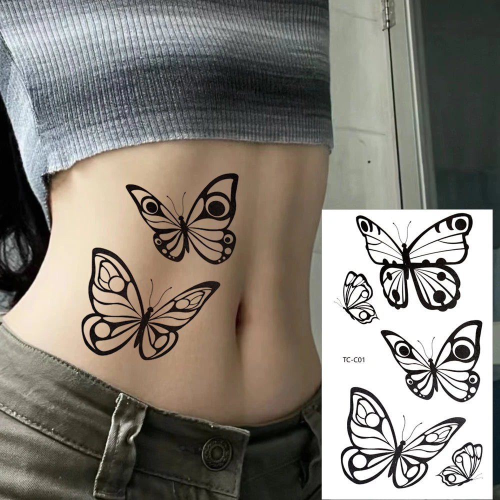 3D Black Butterfly Temporary Tattoo — 30pcs Waterproof Transfer Set for Women