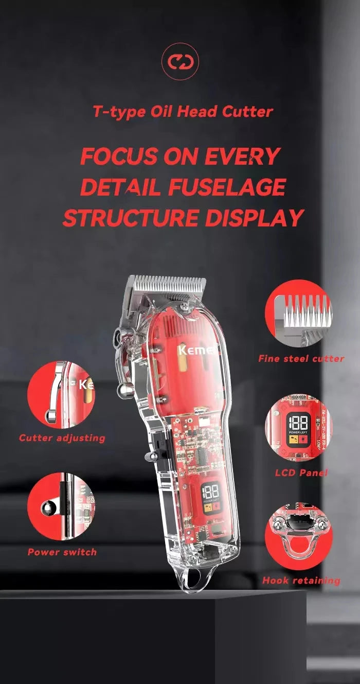 Kemei Rechargeable Hair Cutting Machine Barber Shop Fade Hair Clippers 10W Cordless Trimmer Transparent Cover Red Base KM-1761