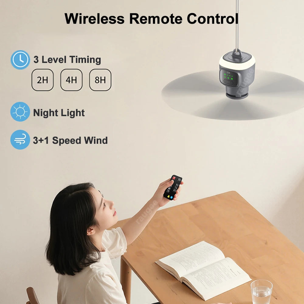 12000mAh Portable Camping Ceiling Fan — Remote Control, LED Light, USB Rechargeable