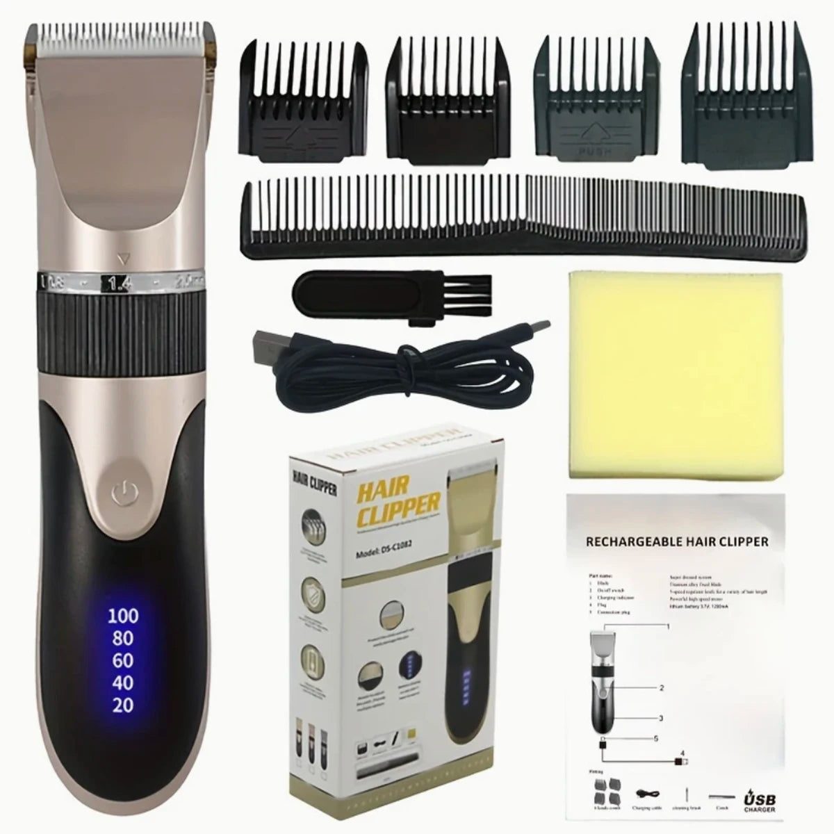 Hair Clipper Kit — Electric Trimmer with Comb & 4 Guide Caps for Precise Cutting