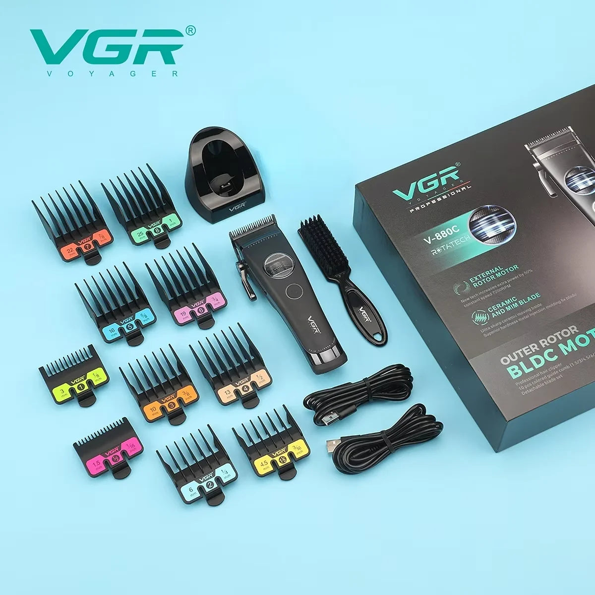 VGR Hair Trimmer Brushless External Rotor Motor Professional Hair Cutting Machine Barber Clippers Cordless Trimmer for Men V-880