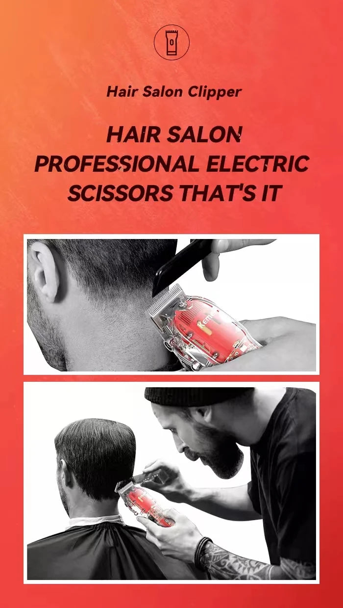 Kemei Rechargeable Hair Cutting Machine Barber Shop Fade Hair Clippers 10W Cordless Trimmer Transparent Cover Red Base KM-1761