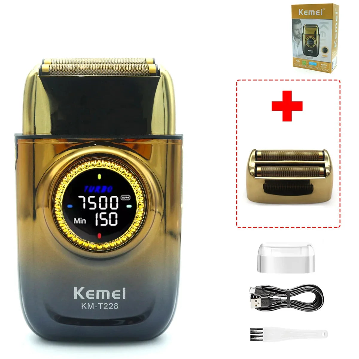 Kemei KM-T228 Professional Reciprocating Foil Shaver — Turbo High Speed, LCD, USB Fast Charge