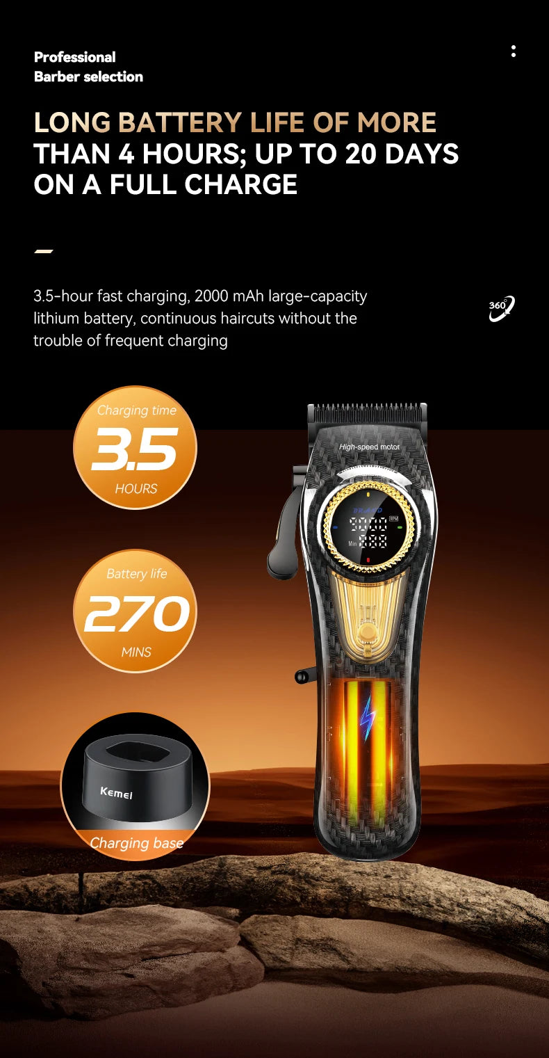 Kemei Professional Hair Clipper Kit — DLC Blade Rechargeable Cordless Barber Trimmer