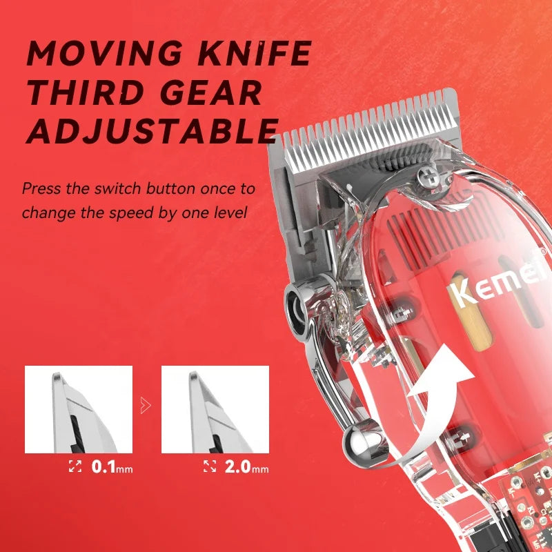 Kemei Rechargeable Hair Cutting Machine Barber Shop Fade Hair Clippers 10W Cordless Trimmer Transparent Cover Red Base KM-1761