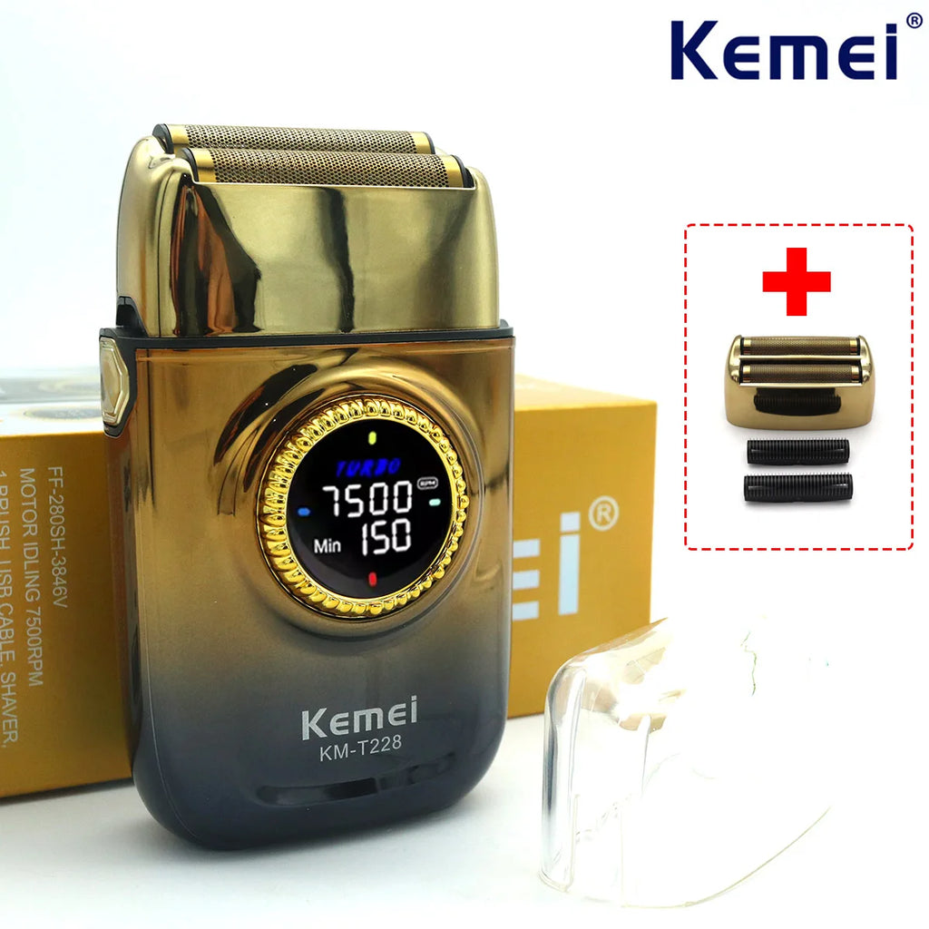 Kemei KM-T228 Professional Reciprocating Foil Shaver — Turbo High Speed, LCD, USB Fast Charge