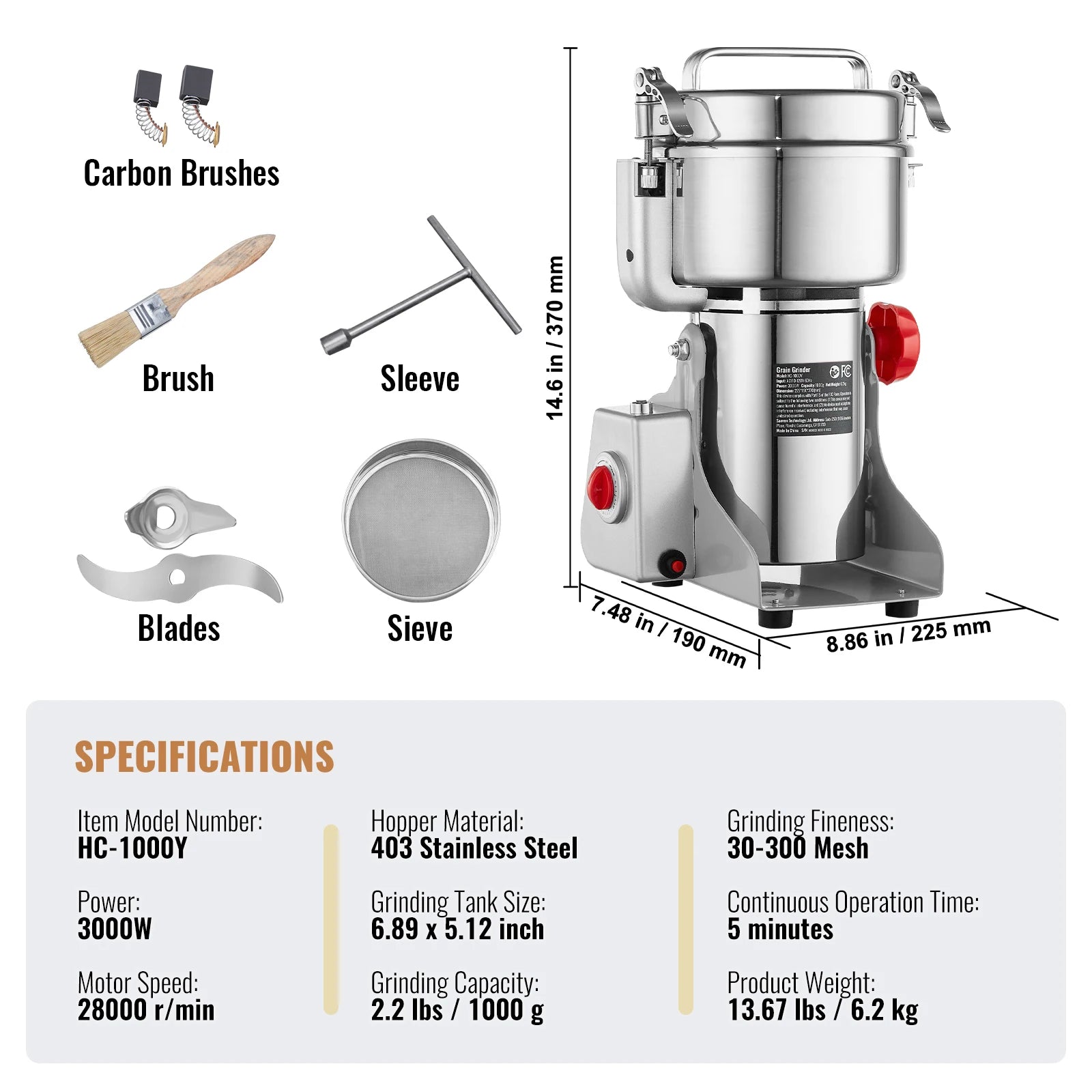 SucceBuy Commercial Grain Mill Grinder — 150-2500g Electric Swing Spice Grinder