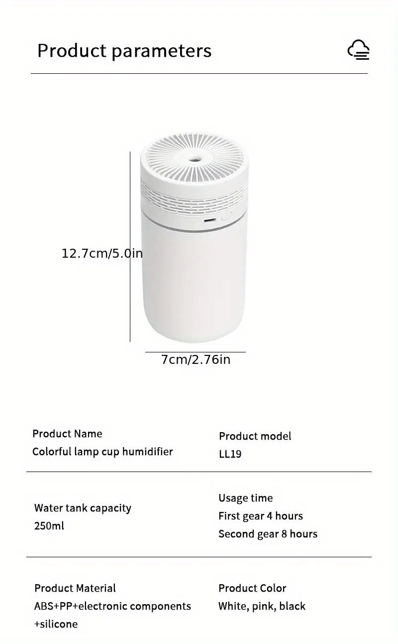 250ml Mini Car Humidifier — USB Spray Mist with LED Light & Essential Oil Diffuser