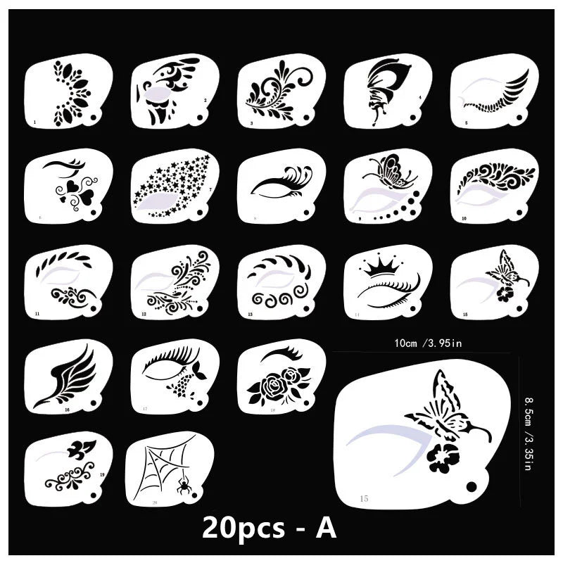 Reusable Body Painting Stencils — 8-20 Pcs Face Art & Temporary Tattoo Templates