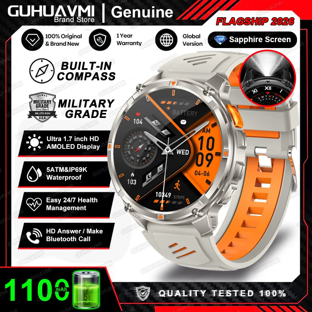2026 T-Rex3 Pro Military Smartwatch — 1100mAh, GPS, 5ATM Waterproof & Compass
