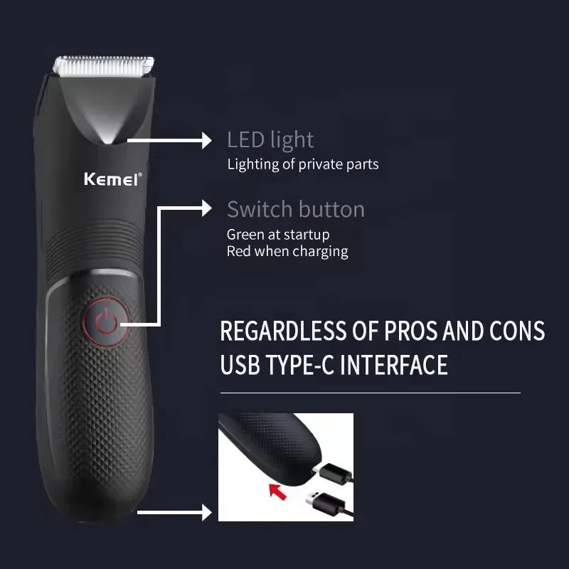 Kemei KM-1838 Waterproof Body Hair Trimmer — Ceramic Blade Wet & Dry Clipper for Intimate Areas
