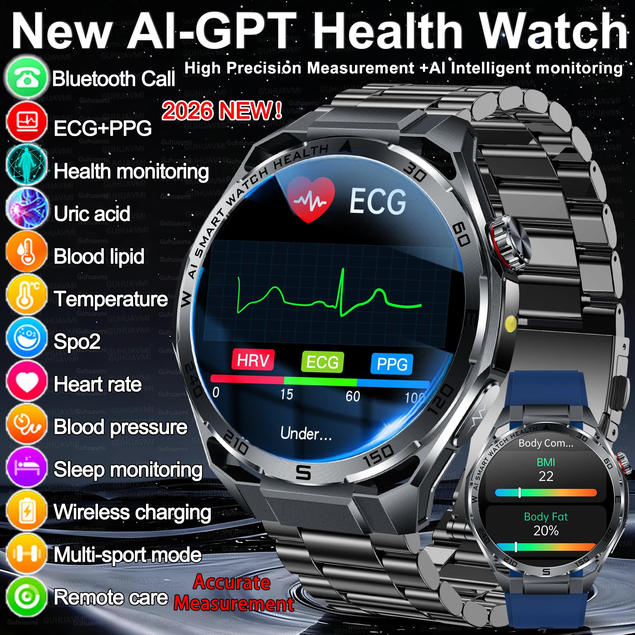 2026 ECG+PPG Health Smartwatch — Body Fat, Uric Acid & Bluetooth Call for Men & Women
