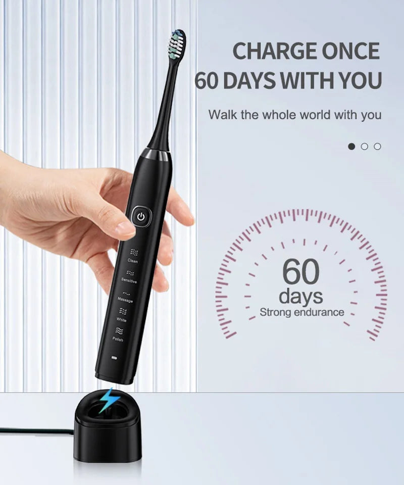 HOMEFISH Smart Sonic Electric Toothbrush Ultrasound IPX7 Rechargeable Tooth Brush 5 Mode Smart Time Teethbrush S100