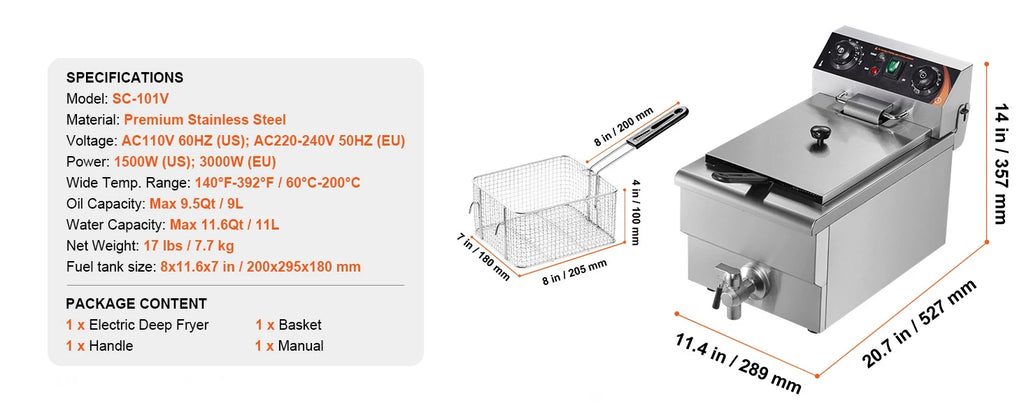 SucceBuy Commercial Deep Fryer — Electric Countertop Stainless Steel with Timer & Temp Control