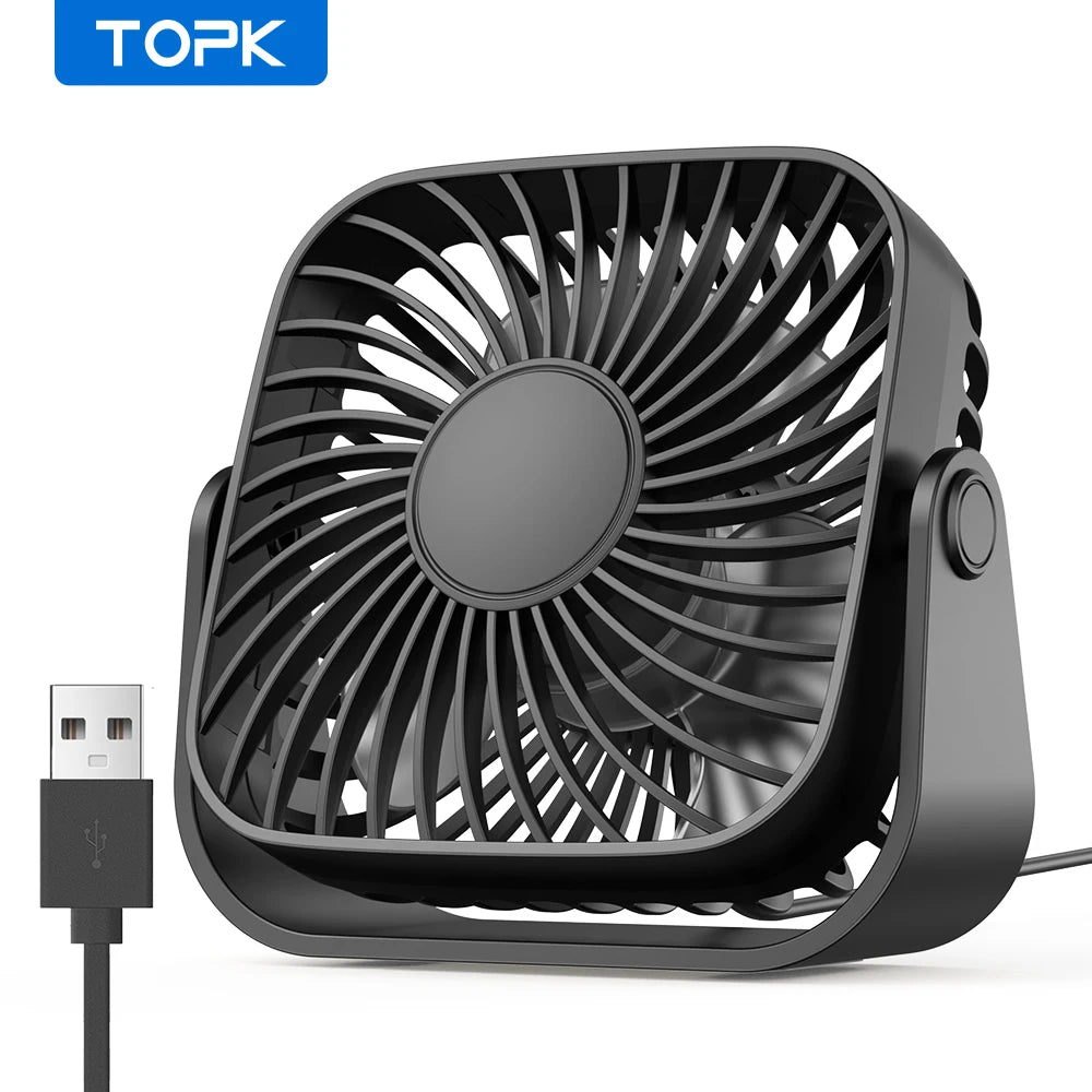 TOPK 4" USB Mini Portable Fan — 3-Speed Quiet Desk Fan with 360° Adjustment