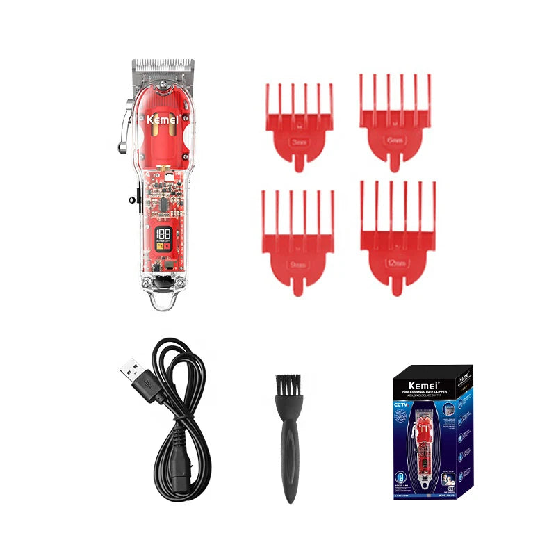 Kemei Rechargeable Hair Cutting Machine Barber Shop Fade Hair Clippers 10W Cordless Trimmer Transparent Cover Red Base KM-1761