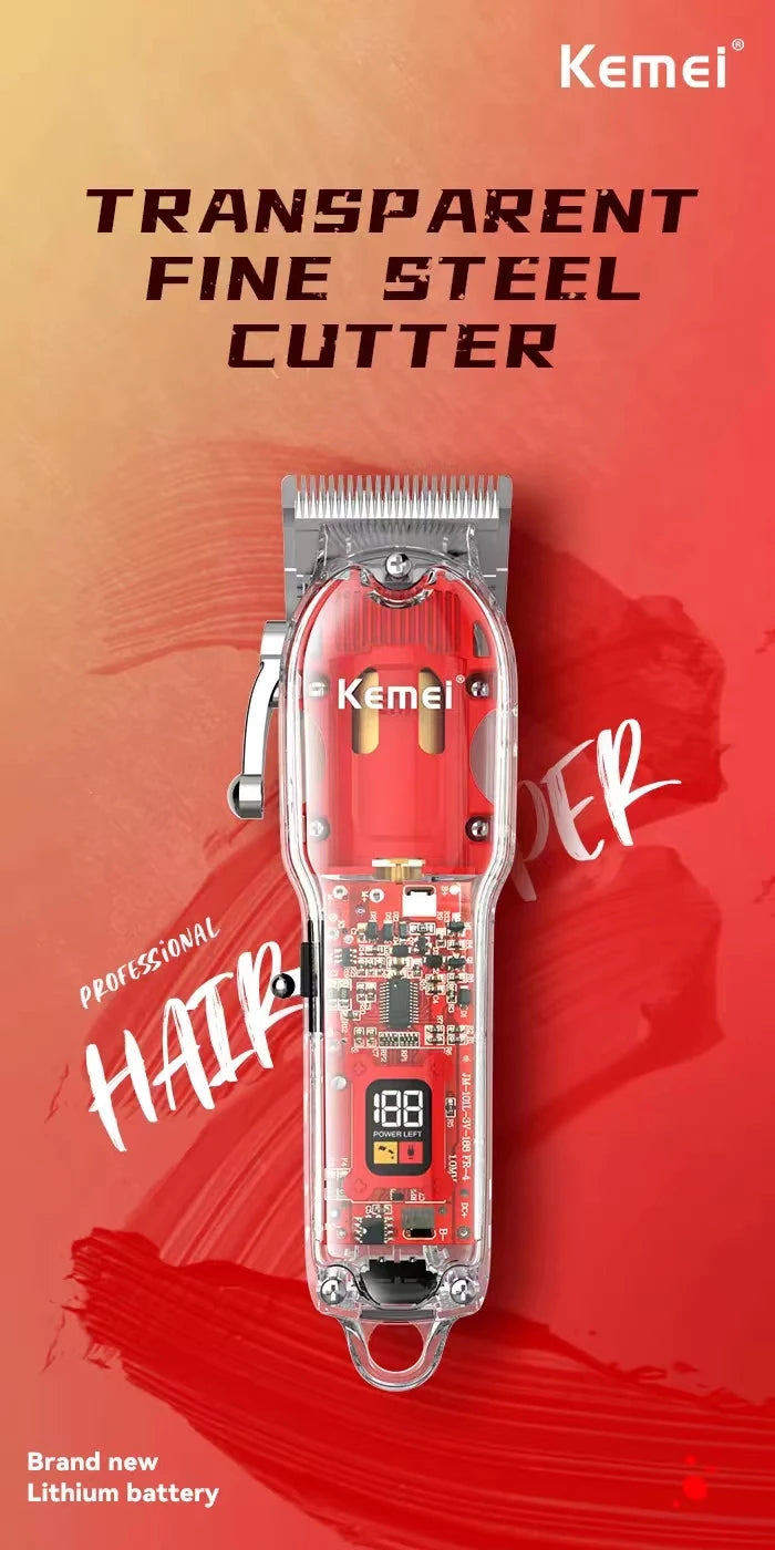Kemei Rechargeable Hair Cutting Machine Barber Shop Fade Hair Clippers 10W Cordless Trimmer Transparent Cover Red Base KM-1761