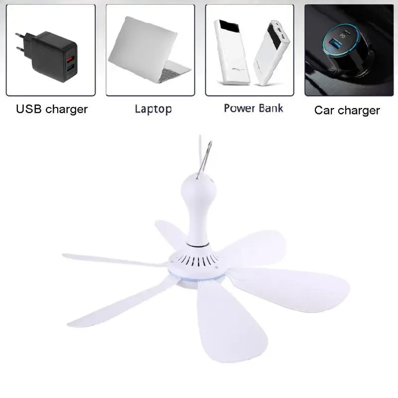 Silent 6-Blade USB Ceiling Fan — Remote Control, 4-Speed Hanging Fan for Camping & Tent