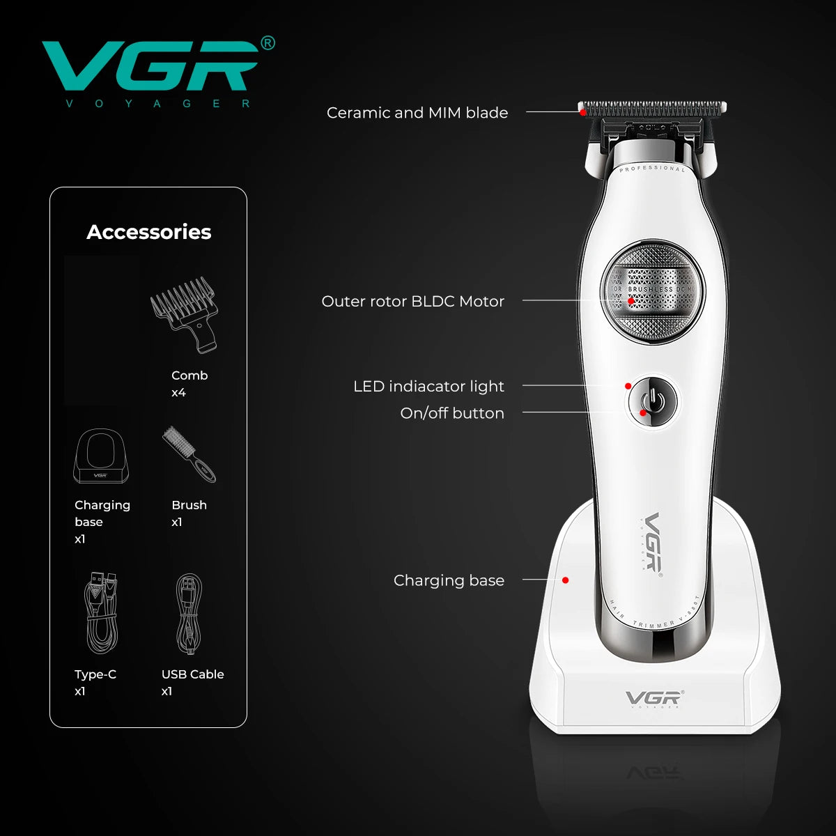VGR Hair Trimmer Brushless External Rotor Motor Professional Hair Cutting Machine Barber Clippers Cordless Trimmer for Men V-880