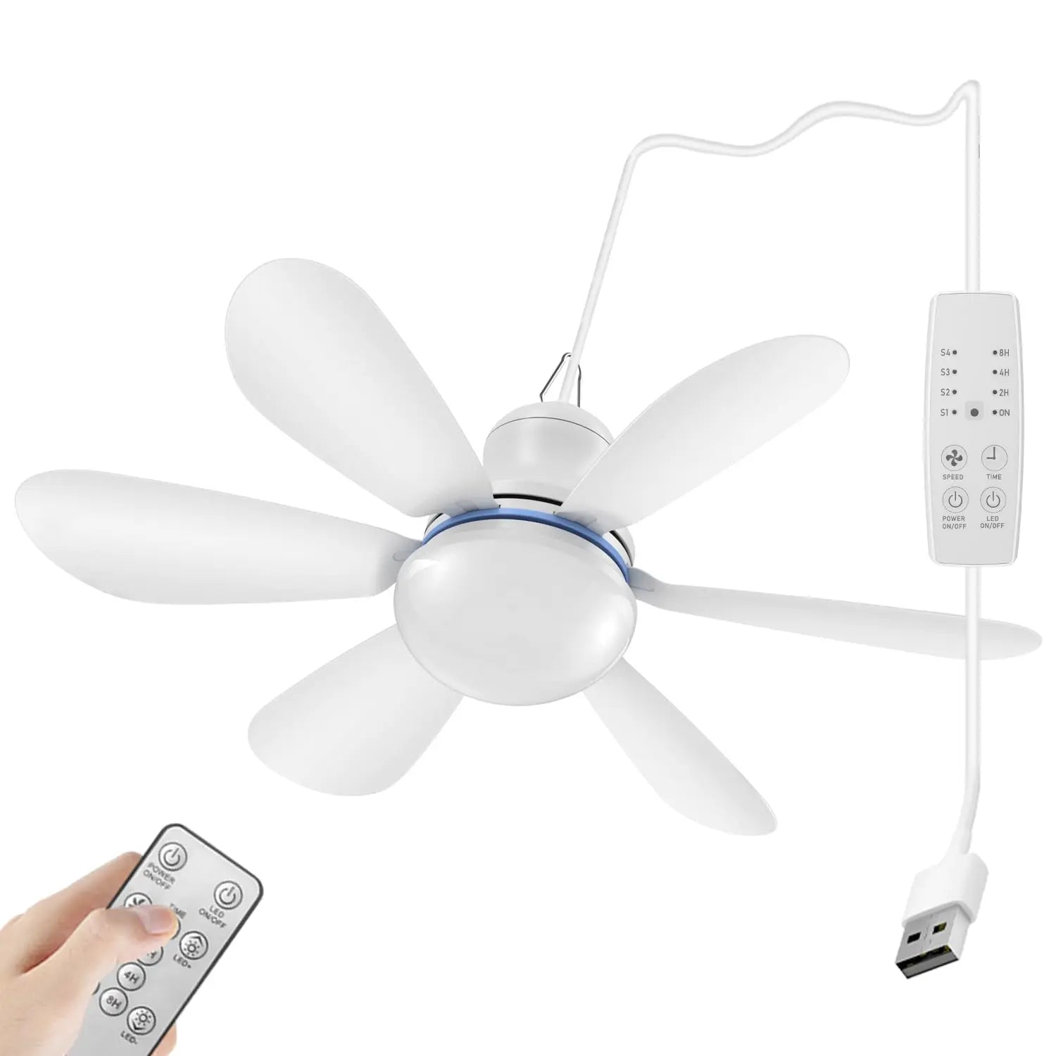 Silent 6-Blade USB Ceiling Fan — Remote Control, 4-Speed Hanging Fan for Camping & Tent