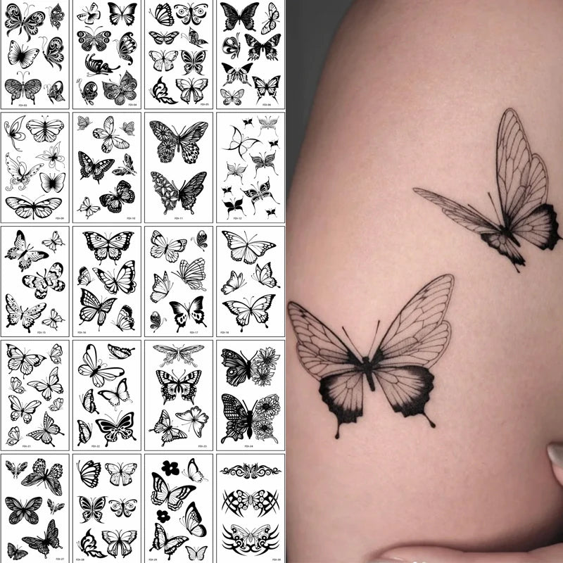 3D Black Butterfly Temporary Tattoo — 30pcs Waterproof Transfer Set for Women