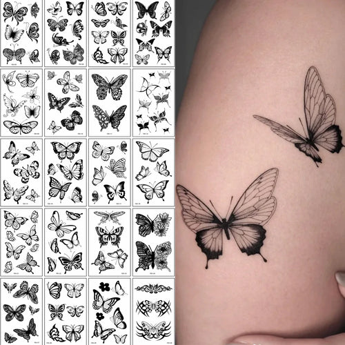 3D Black Butterfly Temporary Tattoo — 30pcs Waterproof Transfer Set for Women