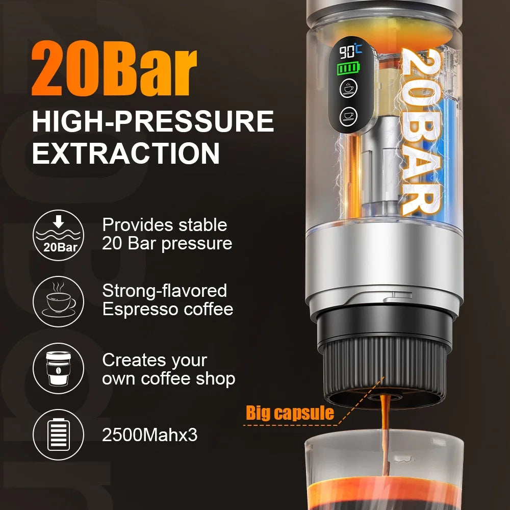 DENOKIN 3-in-1 Portable Espresso Machine — Digital Display, Removable Battery for Car, Home & Camping